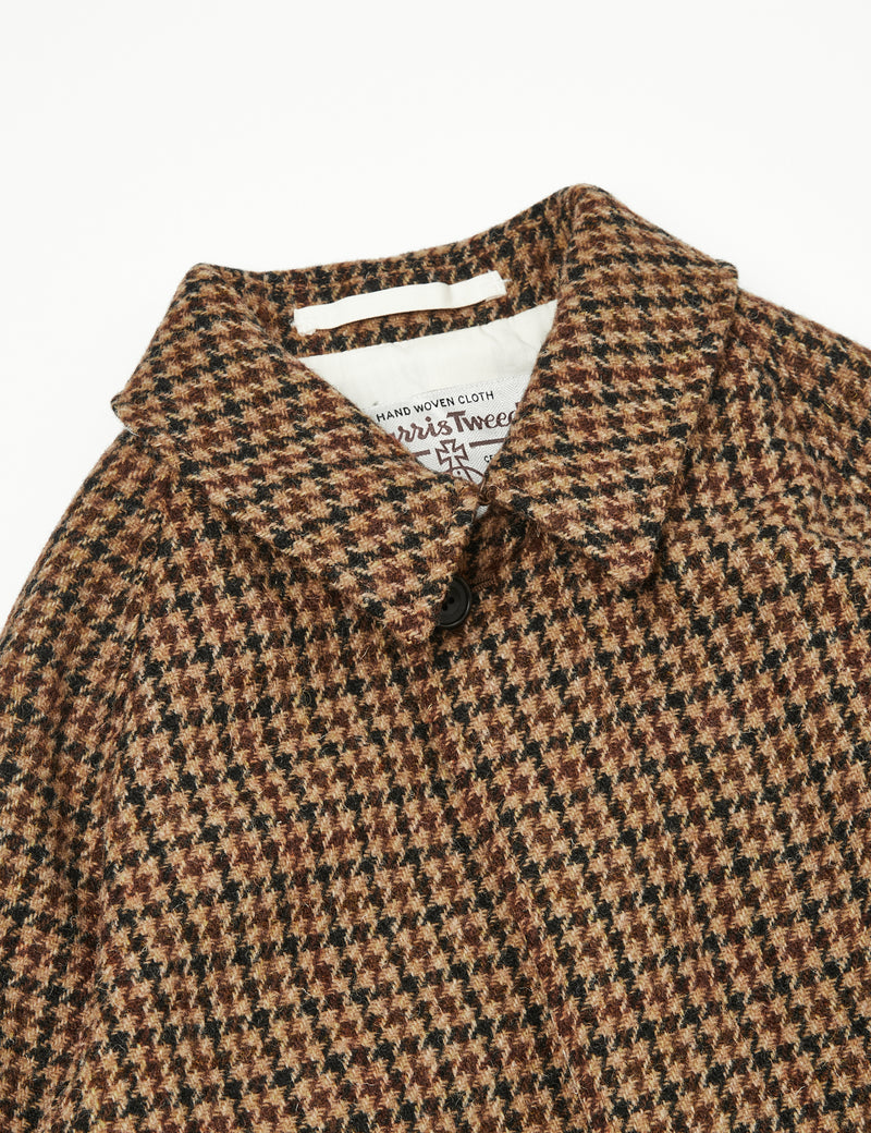 Beams Plus Balmacaan Collar Harris Tweed Coat - Check Brown